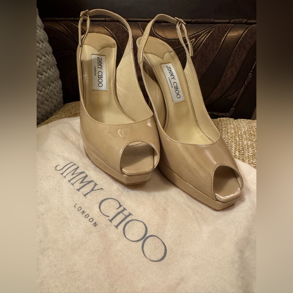 Jimmy Choo Nude Patent Leather Peep Toe Heels